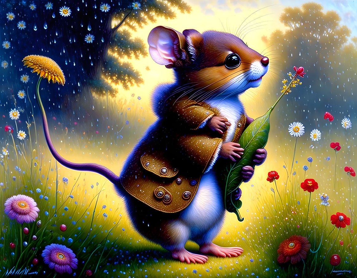 Colorful anthropomorphic mouse in brown jacket with leaf in vibrant meadow