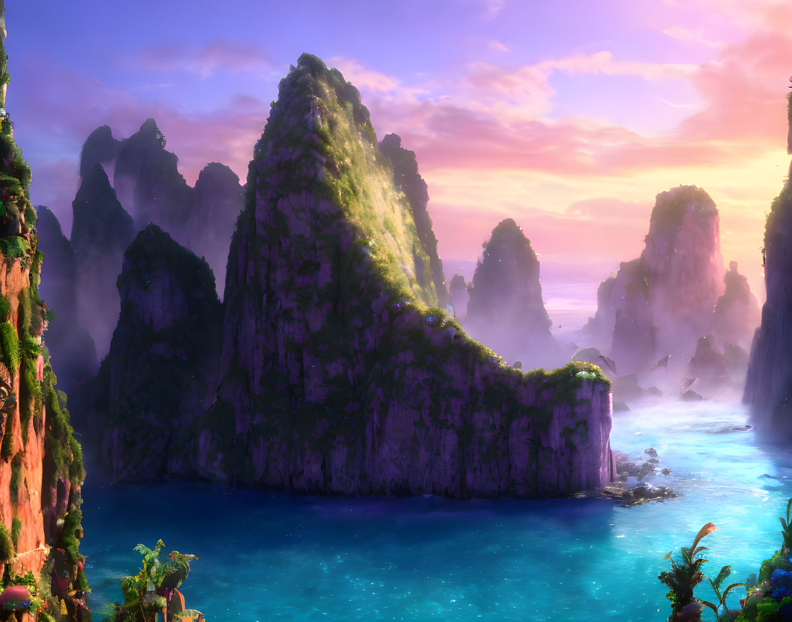 Majestic sea cliffs with lush greenery under pink and purple sunset sky