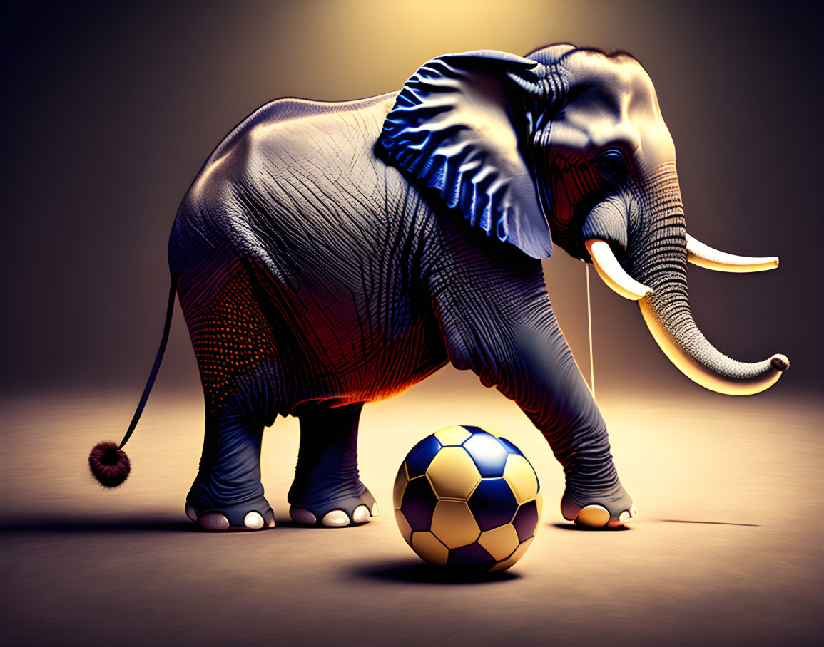 Stylized digital artwork of blue-toned elephant with textured skin and soccer ball