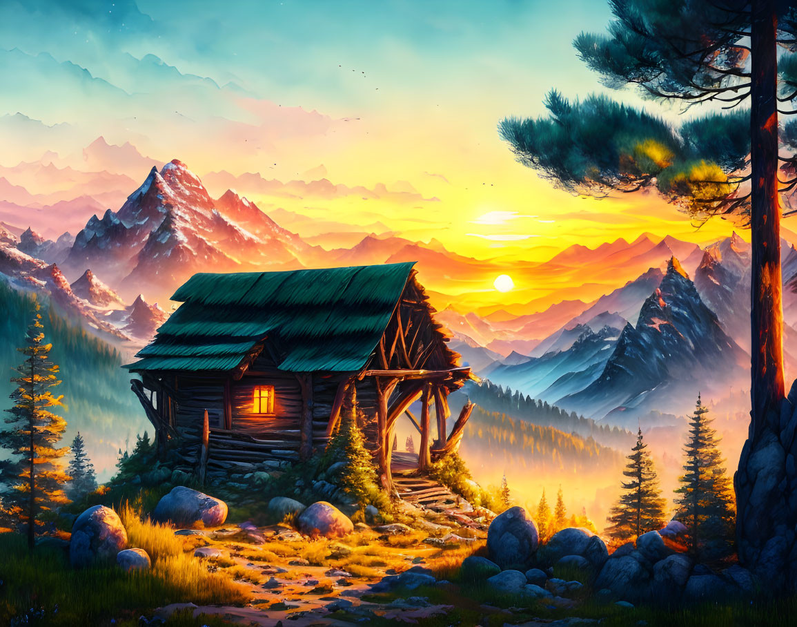 Scenic sunset cabin painting with pine trees and mountains