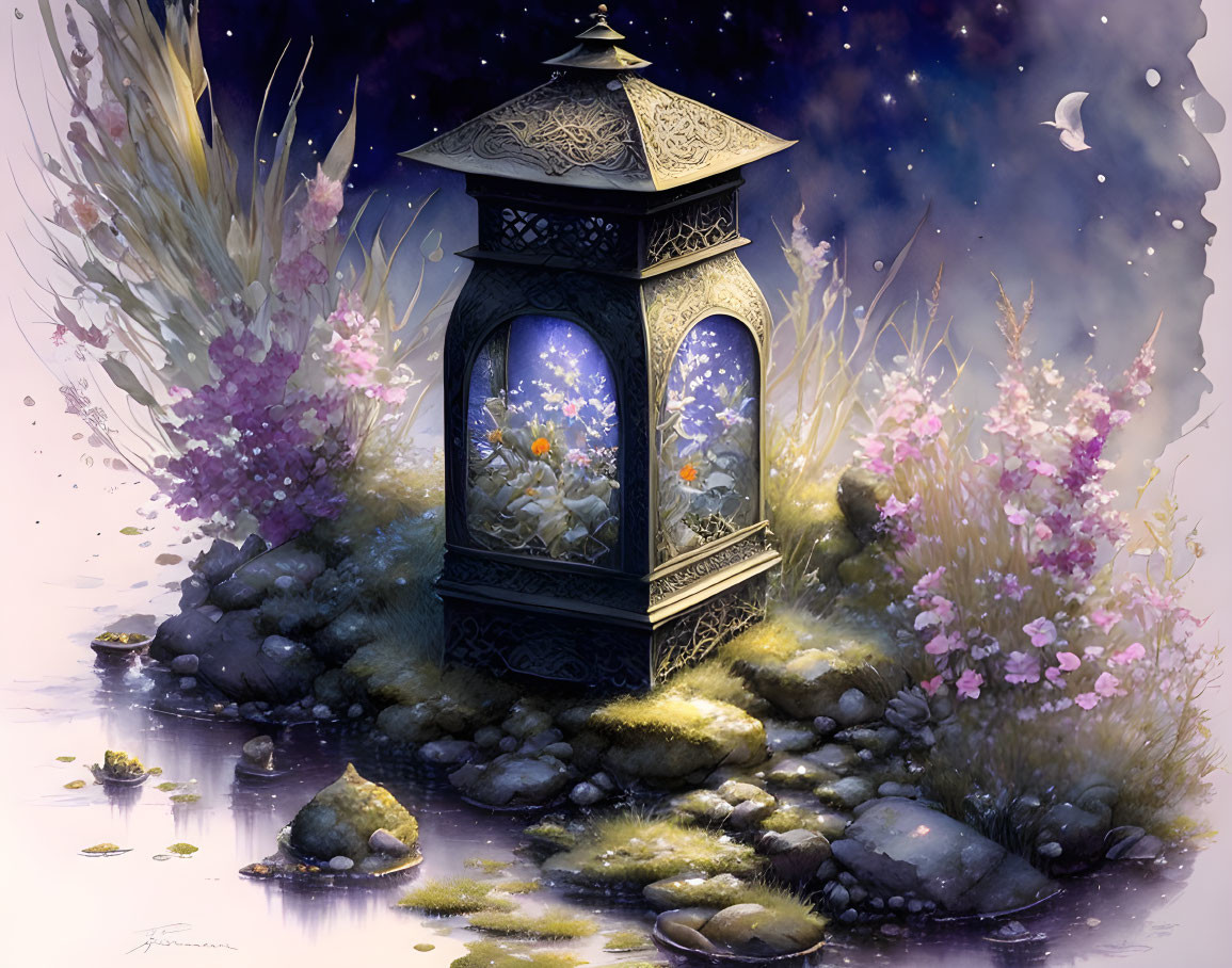 Ornate lantern surrounded by blooming flowers at pond under starry sky