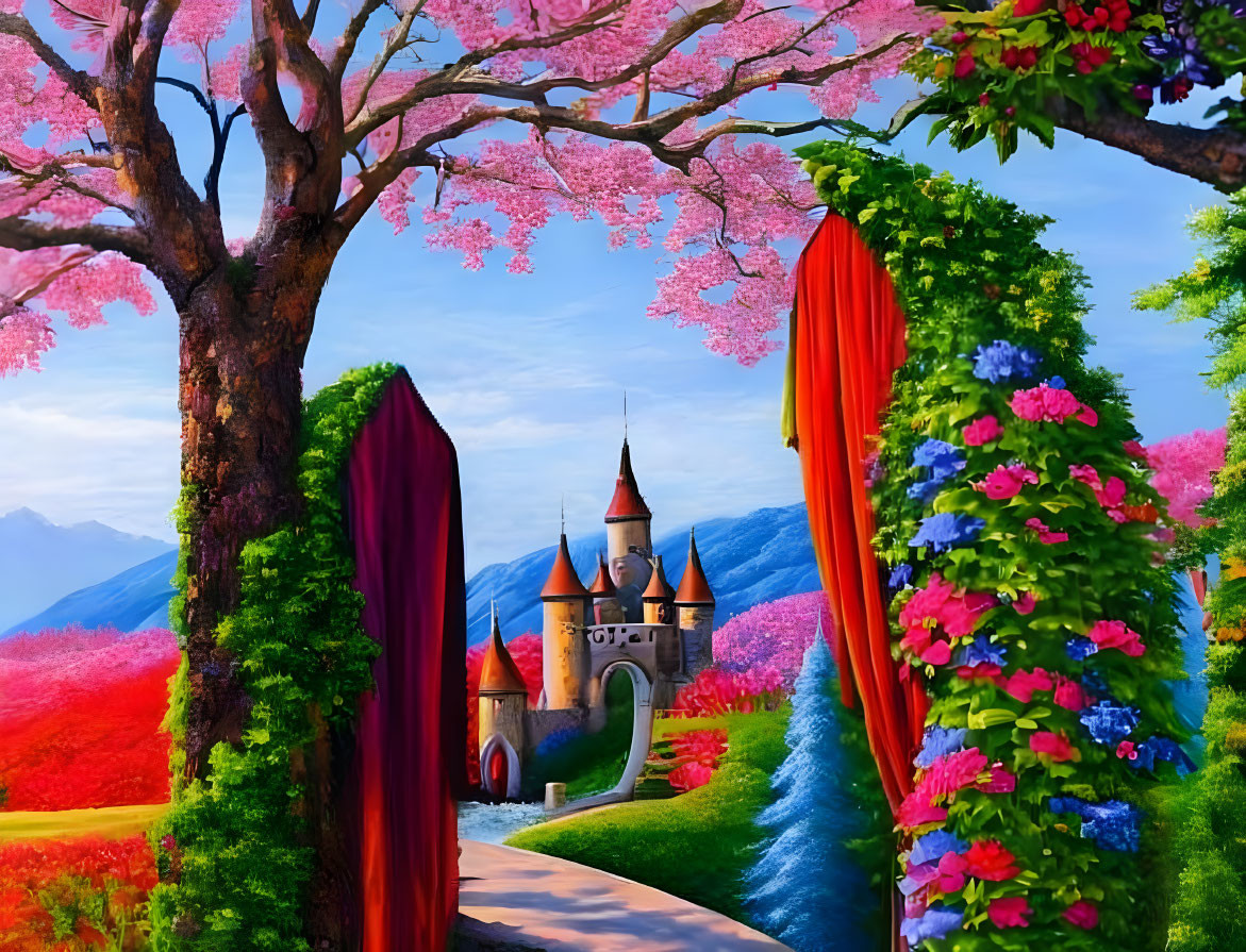 Enchanting fairy tale landscape with castle, flowers, and cherry tree