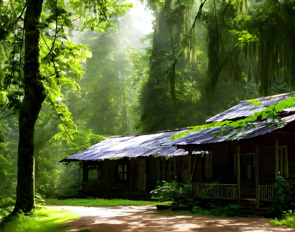 Tranquil forest scene with rustic cabin and lush greenery