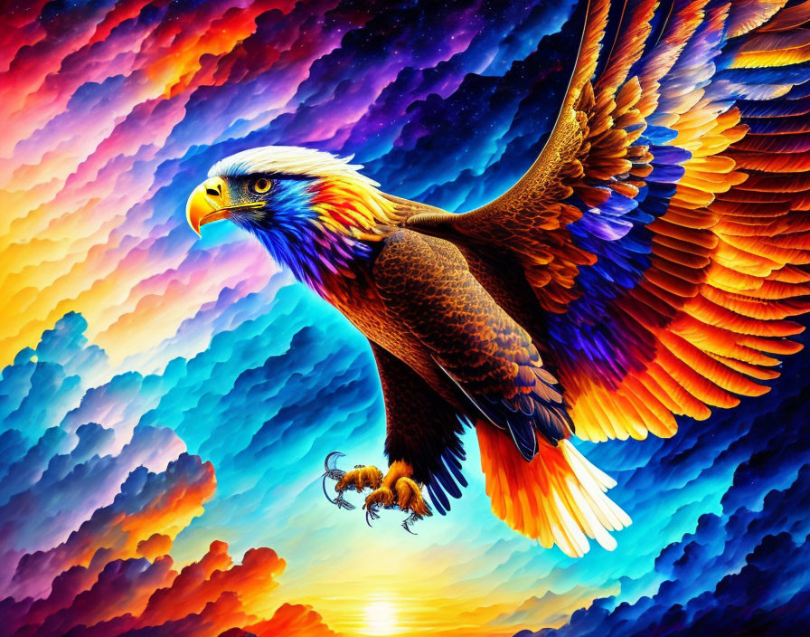 Colorful Eagle Illustration Soaring in Dramatic Sky