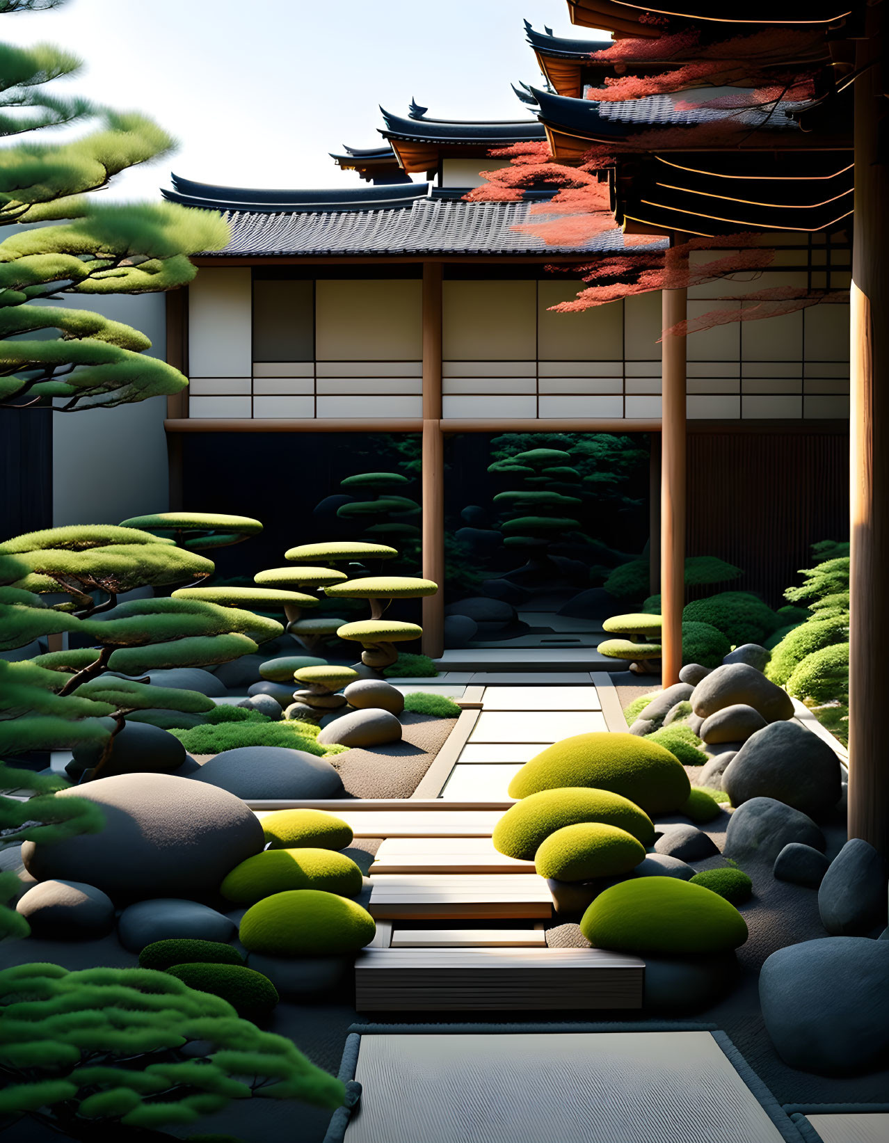 Tranquil Japanese garden with moss-covered rocks and red tree