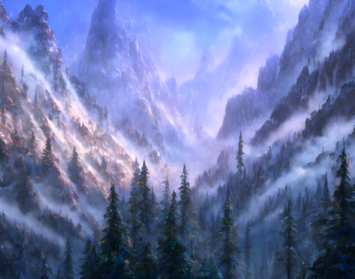 Snow-covered mountain landscape with misty pine forests at dawn or dusk