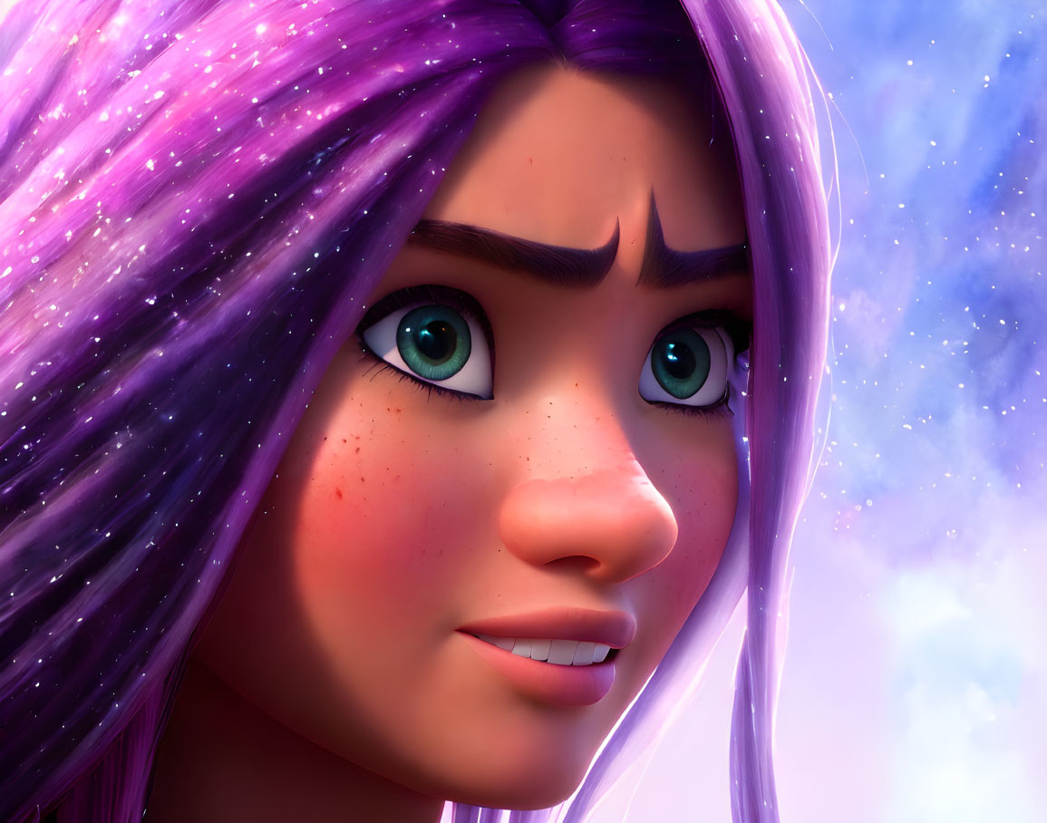 Detailed 3D animated female character with purple hair and green eyes in pink and blue sky