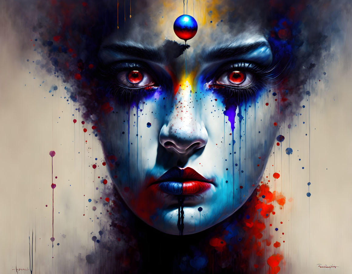 Vibrant digital artwork: Woman's face with red and blue splashes and floating orb