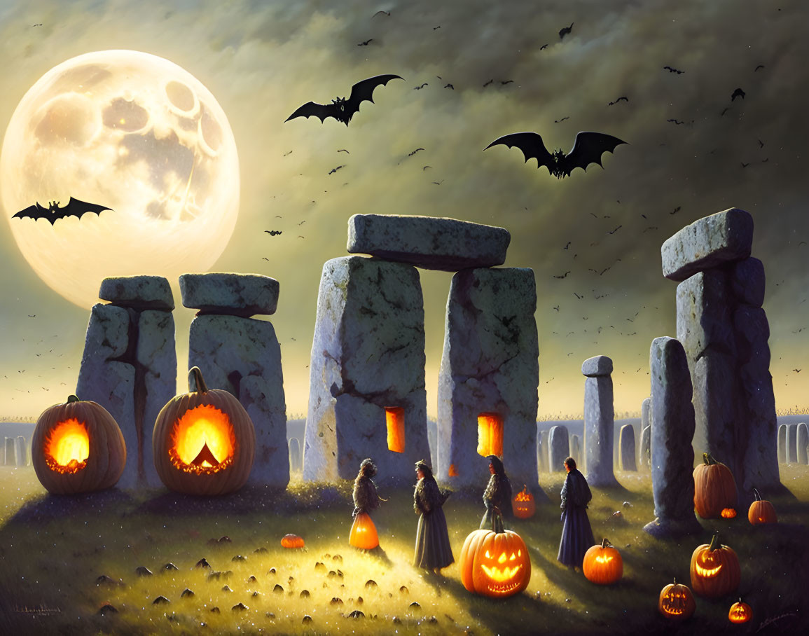 Full Moon Halloween Scene at Stonehenge with Bats, Pumpkins, and Cloaked Figures