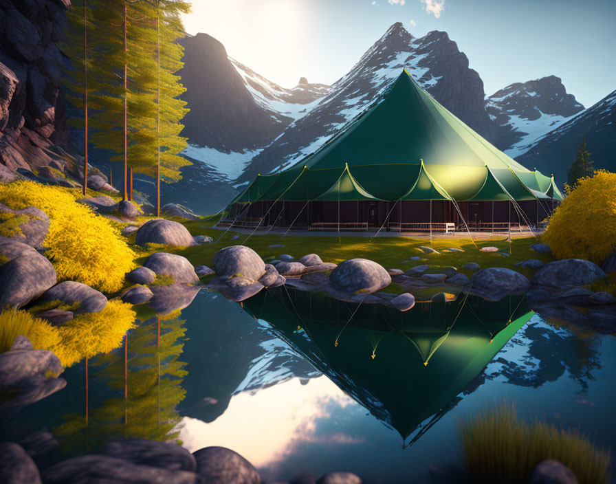 Spacious green tent by serene lake with mountain reflection