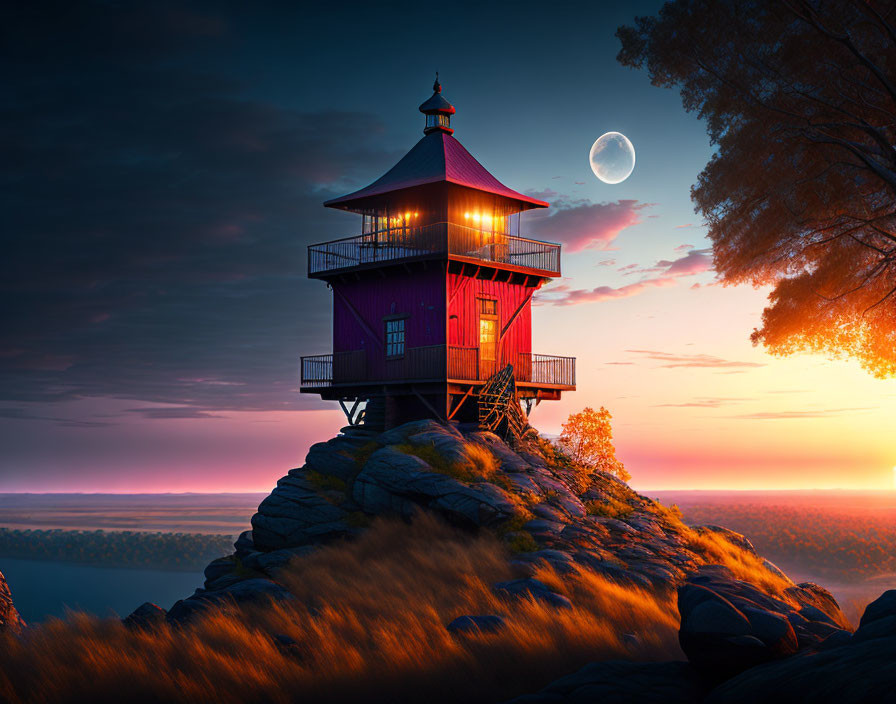 Red Lighthouse on Rocky Outcrop at Sunset with Crescent Moon