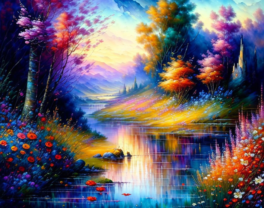 Colorful serene landscape with blooming flowers, river, trees, and mountains at dusk or dawn