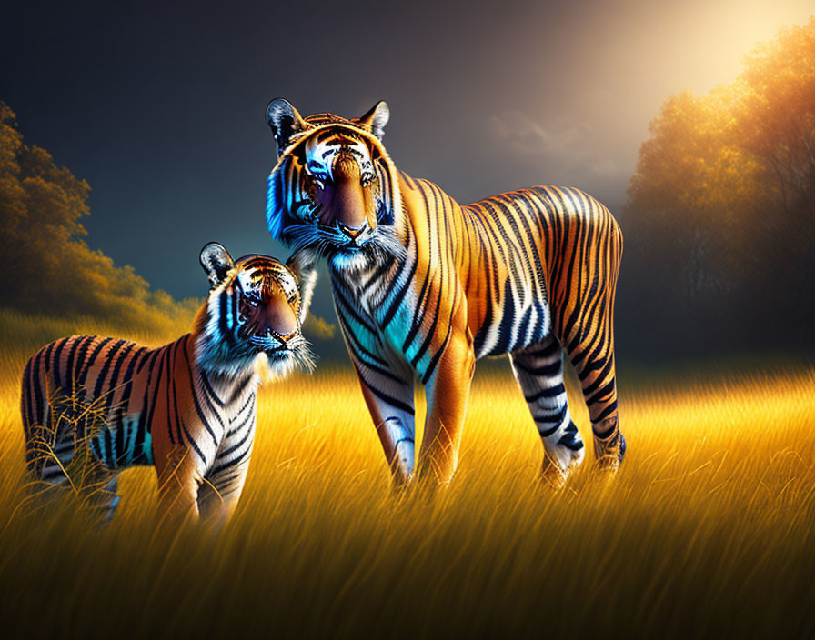 Two Tigers in Golden Grass Under Dusky Sky