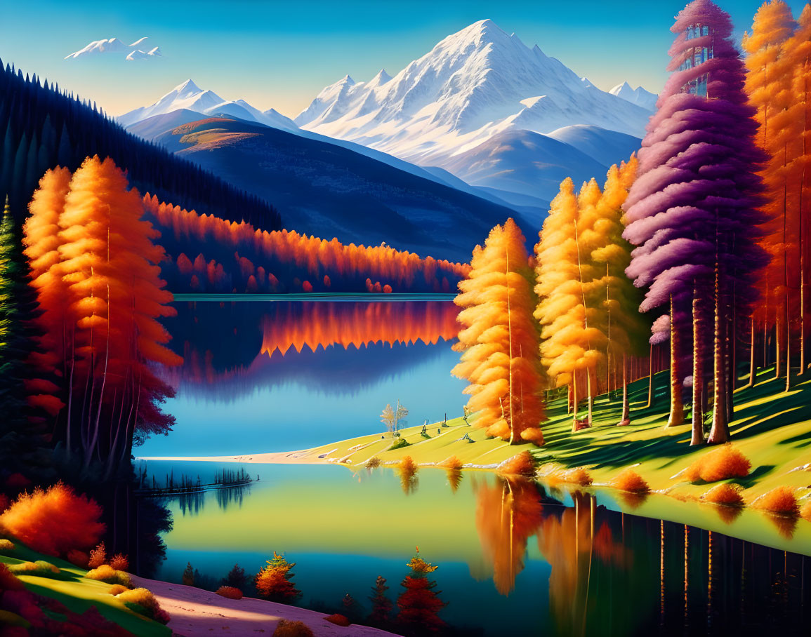 Colorful autumn mountain landscape with lake & blue sky