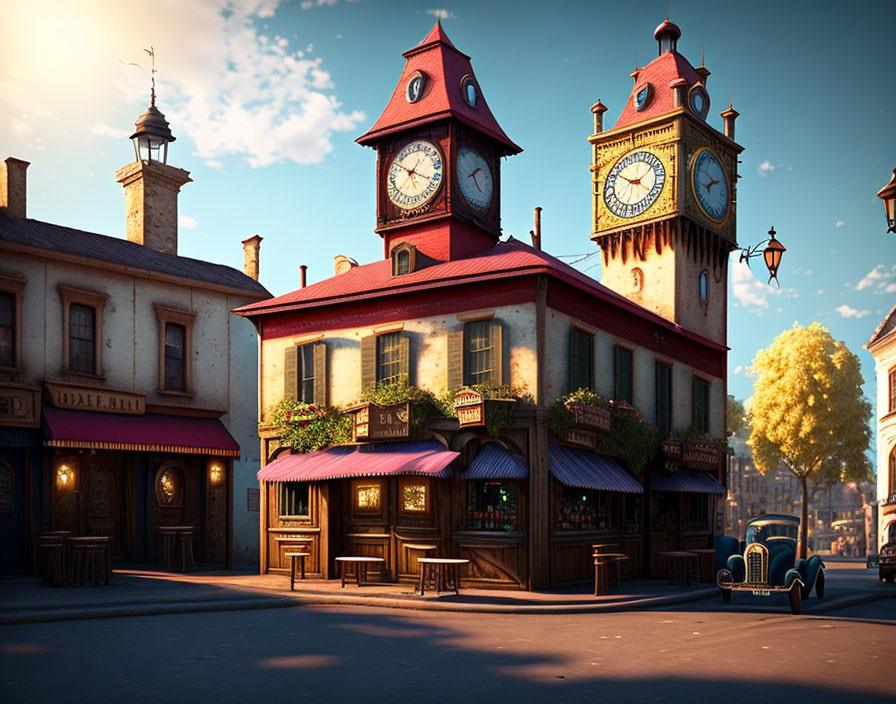 European Street Corner with Clock Towers, Quaint Buildings, and Vintage Car