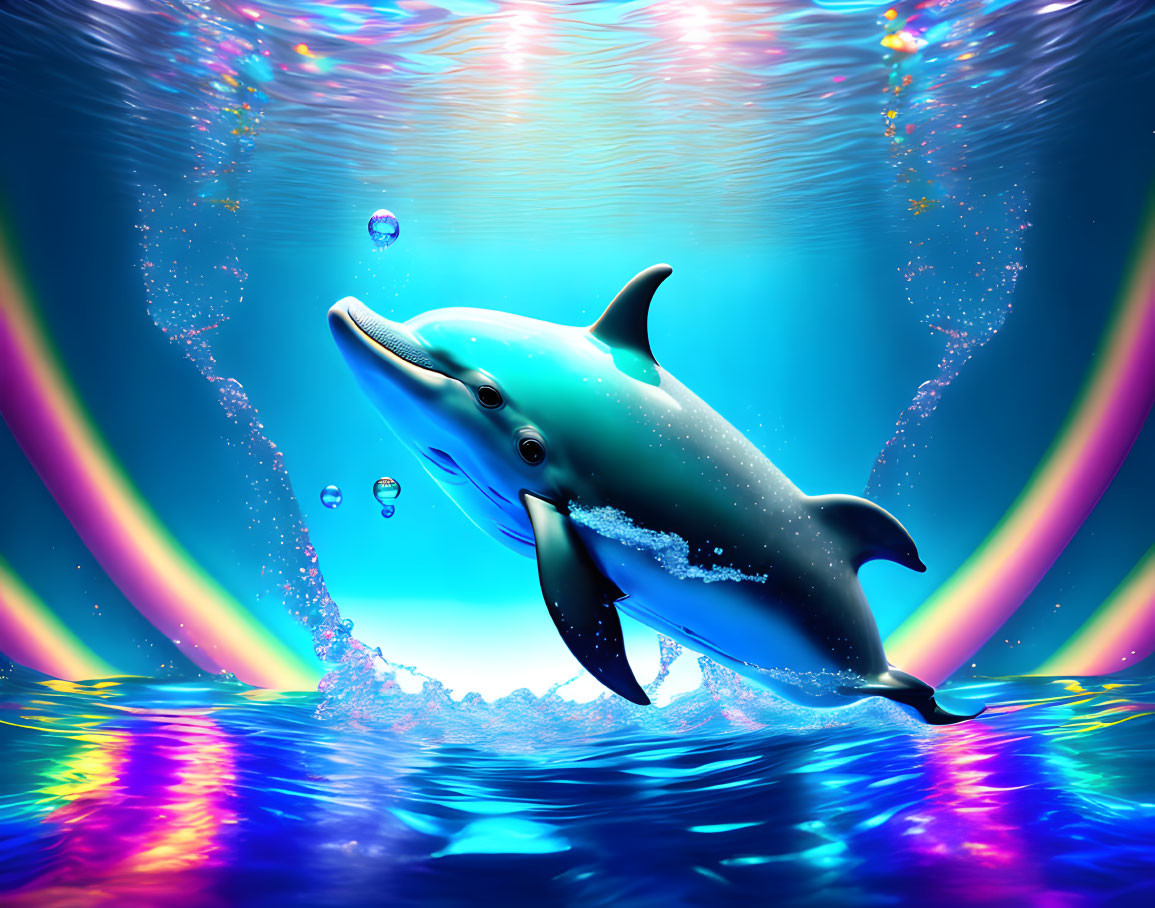 Colorful Dolphin Leaping Underwater with Refracted Light Effect