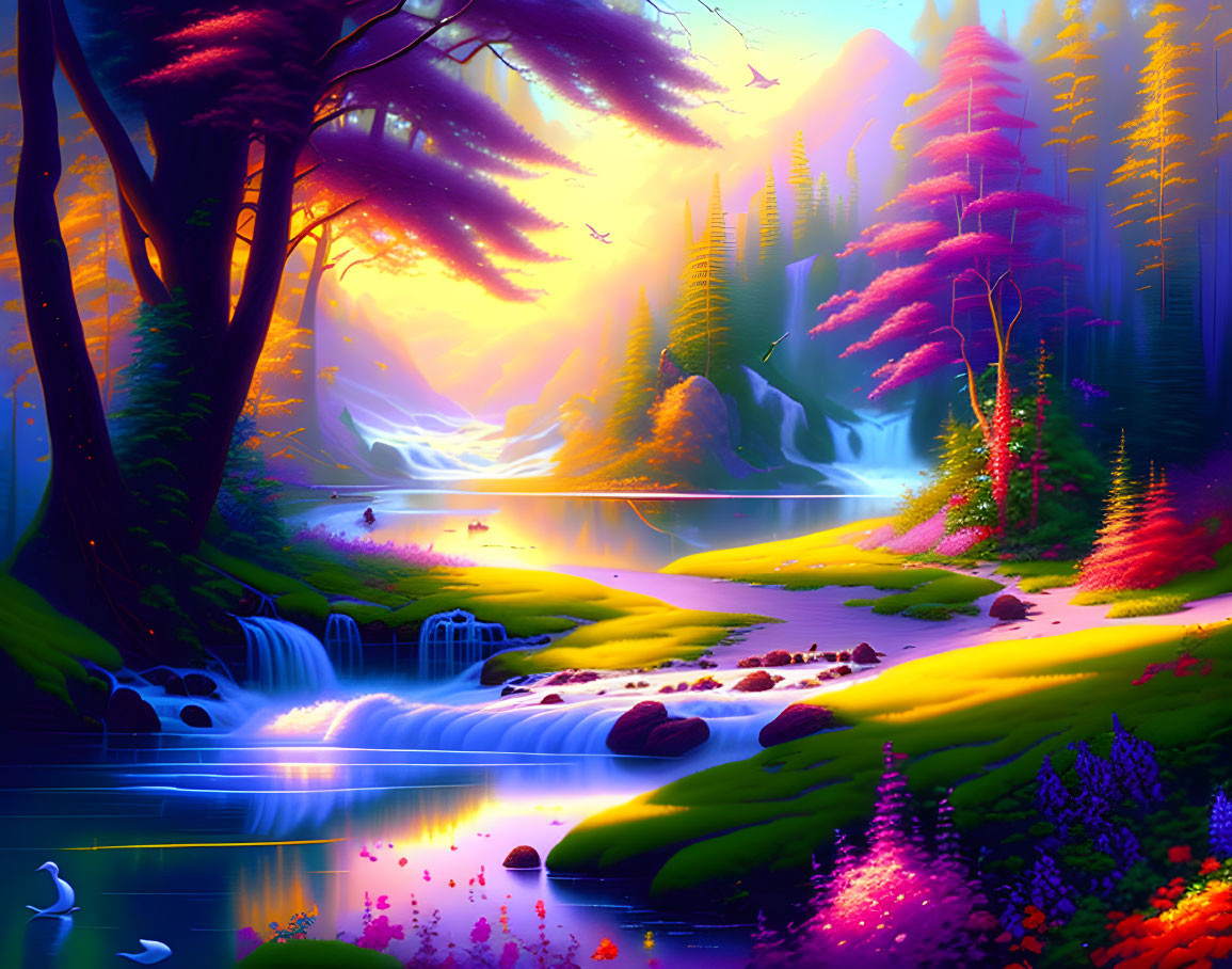 Fantasy landscape with waterfall, river, trees, swans, and purple-pink hues