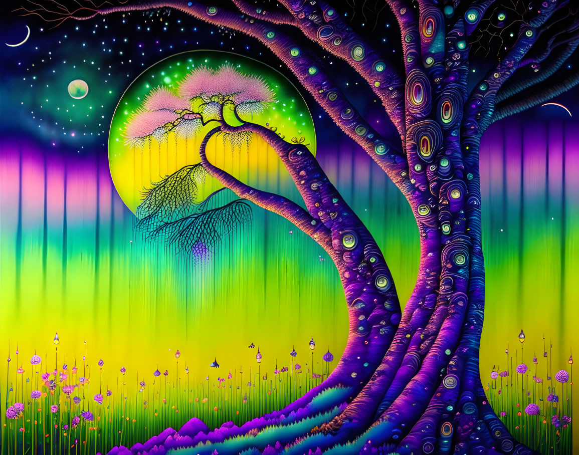 Colorful Psychedelic Tree Artwork Under Starry Sky with Glowing Flowers