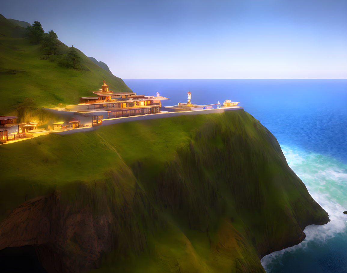 Traditional-style building complex on cliff overlooking calm sea at dusk