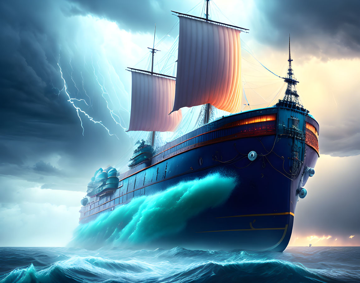 Majestic ship with illuminated windows navigating stormy seas