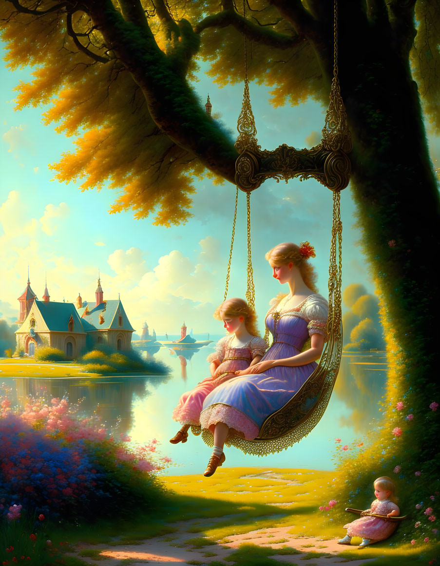 Tranquil painting of woman and child on swing near castle and lake