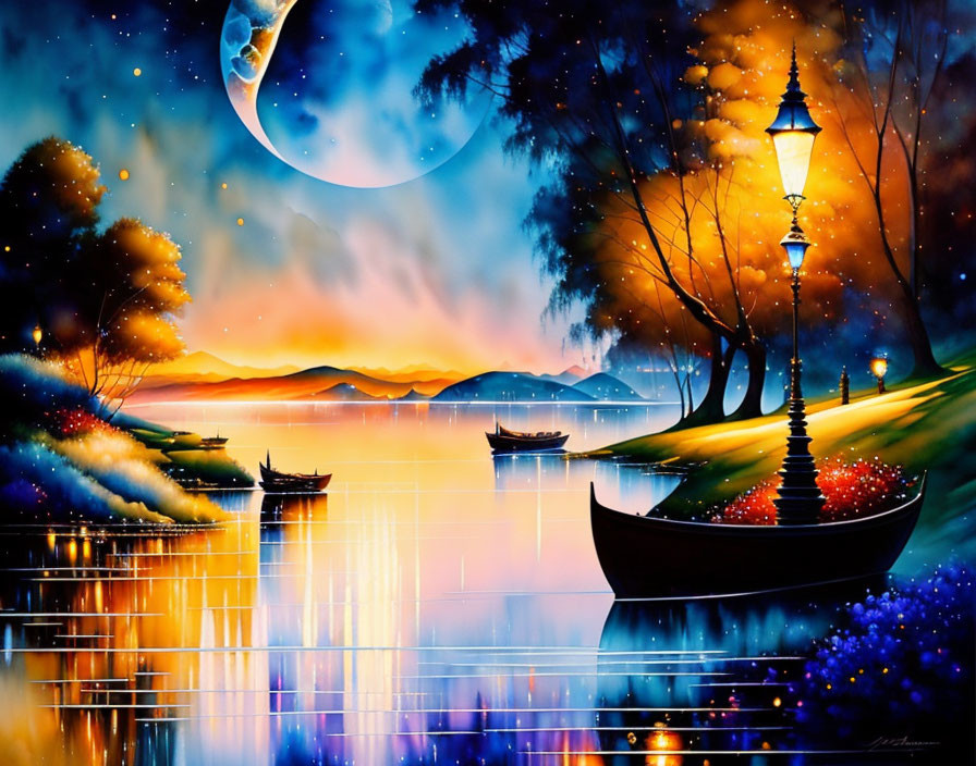 Serene waterside scene at dusk with lamppost, boats, moonlit sky, and reflective