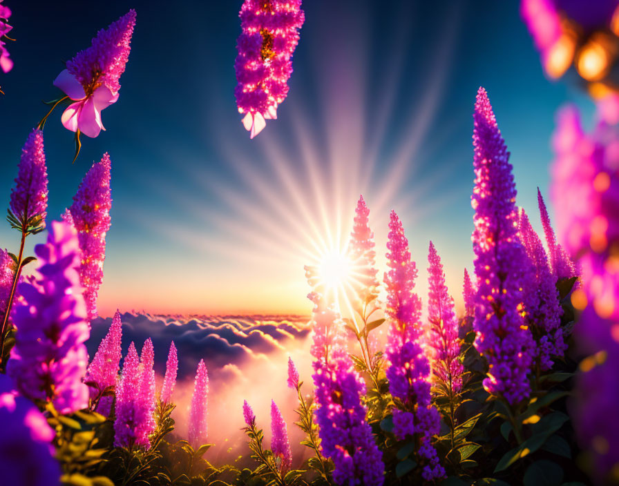 Colorful sunrise over purple lupine flowers in cloudy landscape