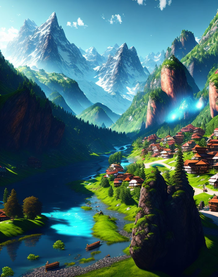 Scenic Valley with Blue River, Mountains, Greenery, Houses, and Boats