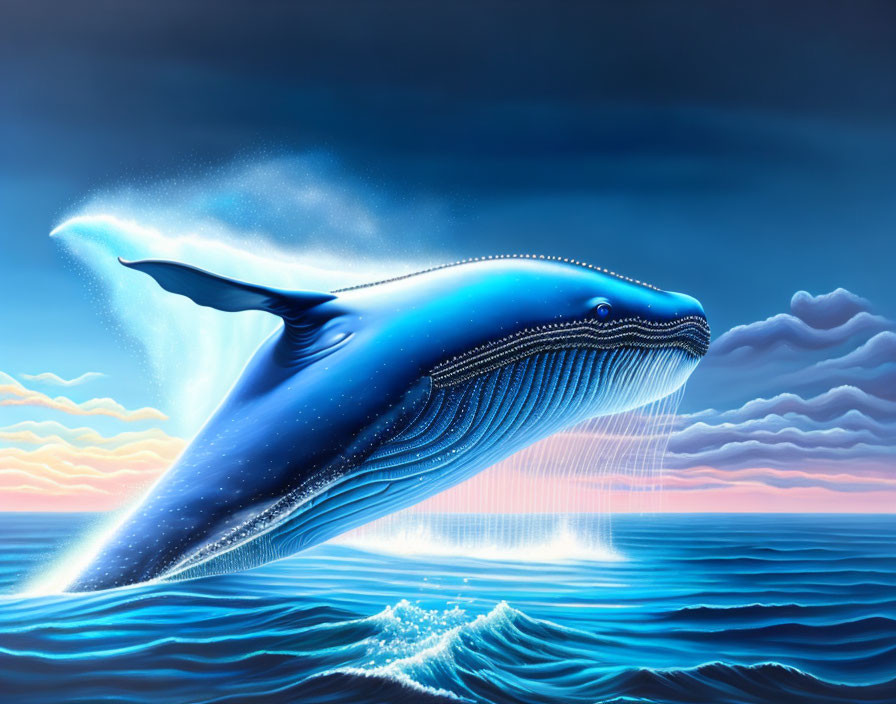 Blue whale leaping from ocean waves in surreal sunset sky.