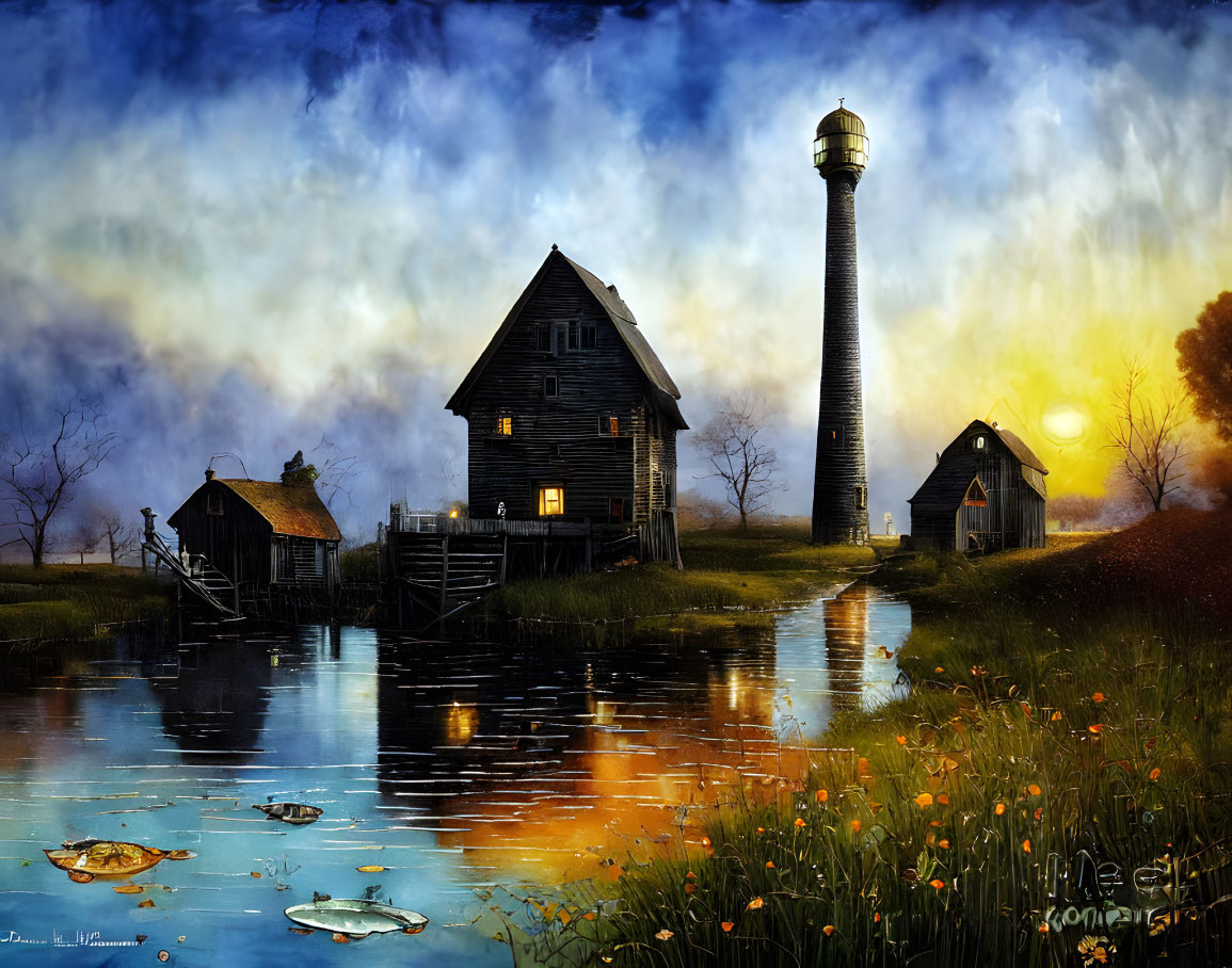 Rustic lighthouse and barn by calm river at sunset