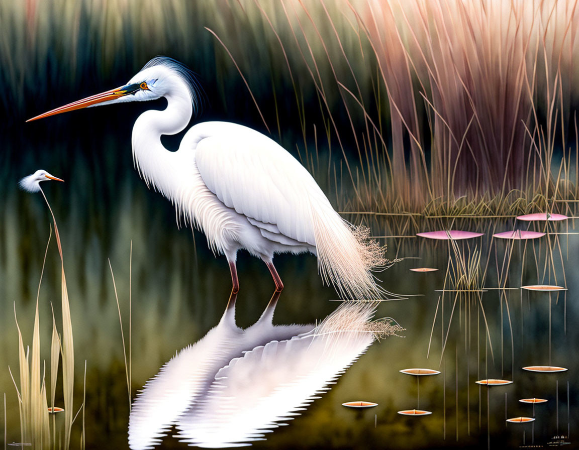 White egret by calm waters with reflection, serene reeds, and pink lilies.