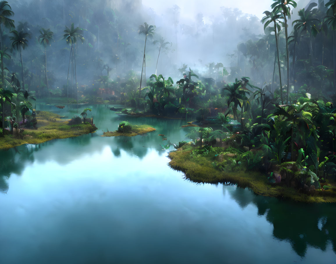 Tranquil tropical rainforest with misty atmosphere & lush greenery