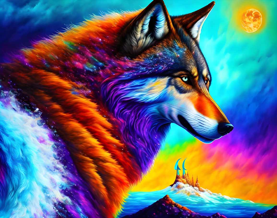 Multicolored wolf in cosmic setting with full moon and sailboat