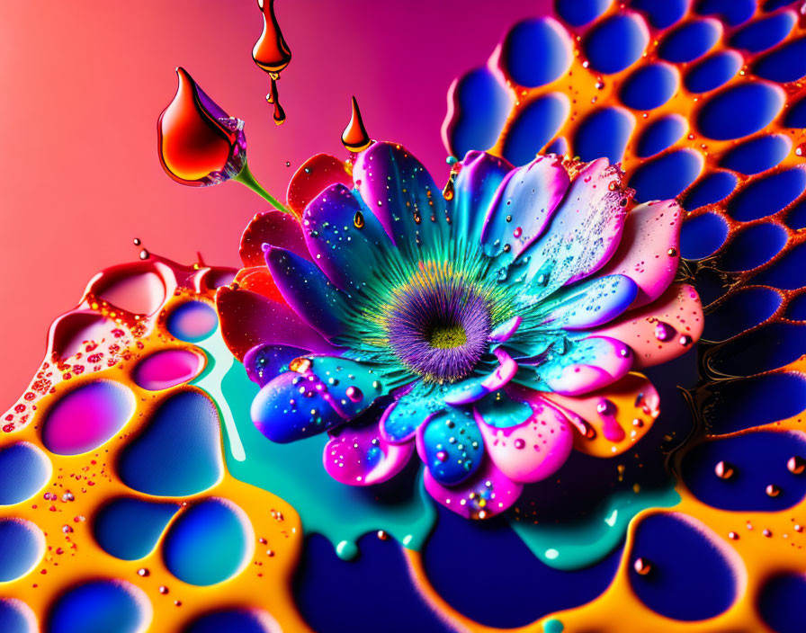 Colorful Oil and Water Droplets Create Psychedelic Daisy Pattern