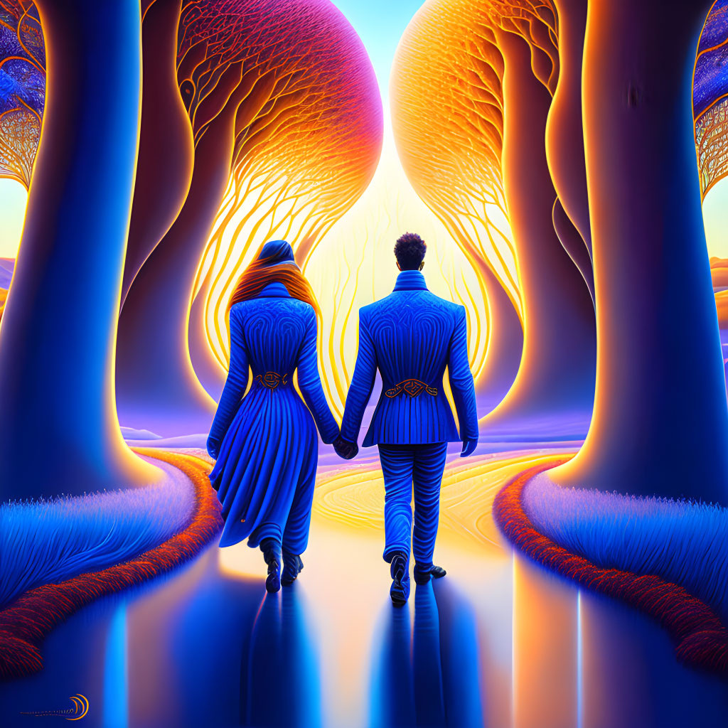 Couple walking towards vibrant, surreal landscape