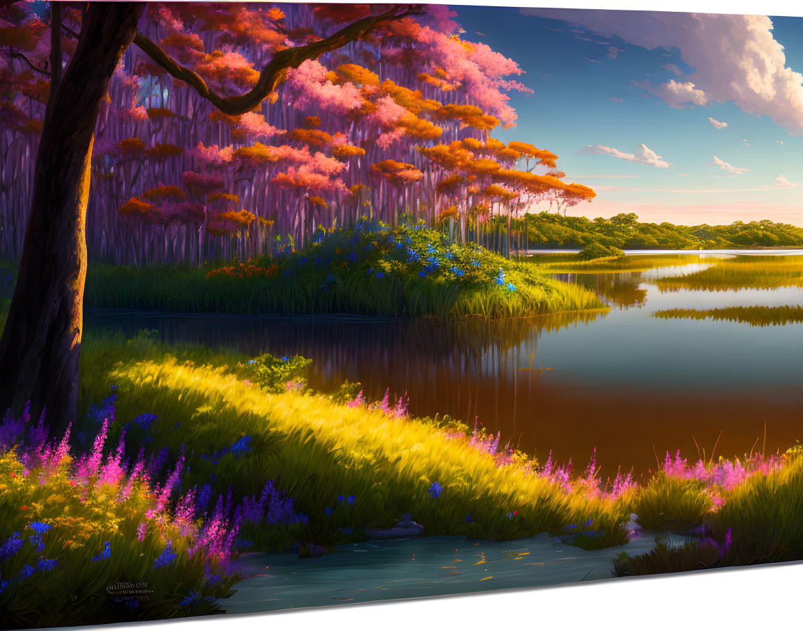 Tranquil lake in lush landscape with vibrant flowers