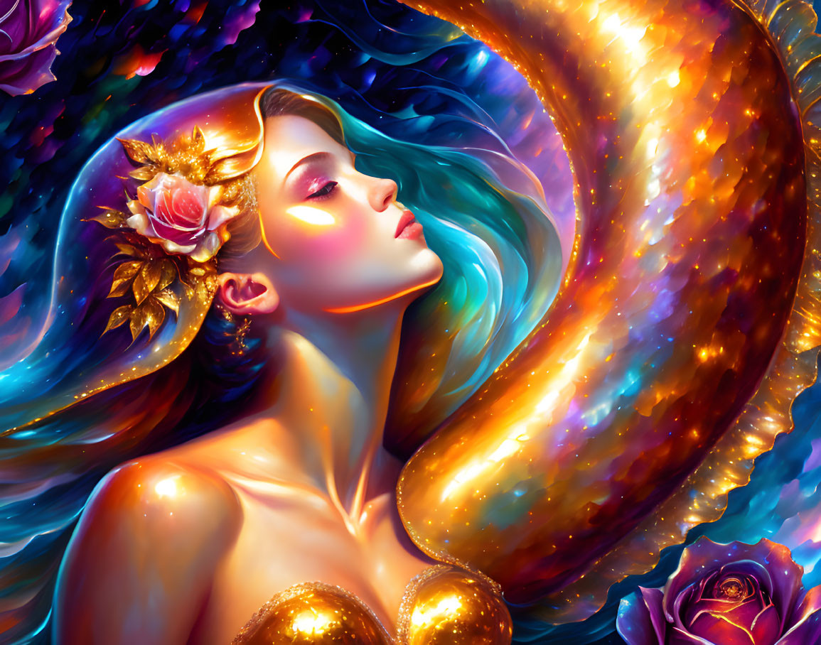 Vibrant illustration of woman with cosmic aura and golden skin