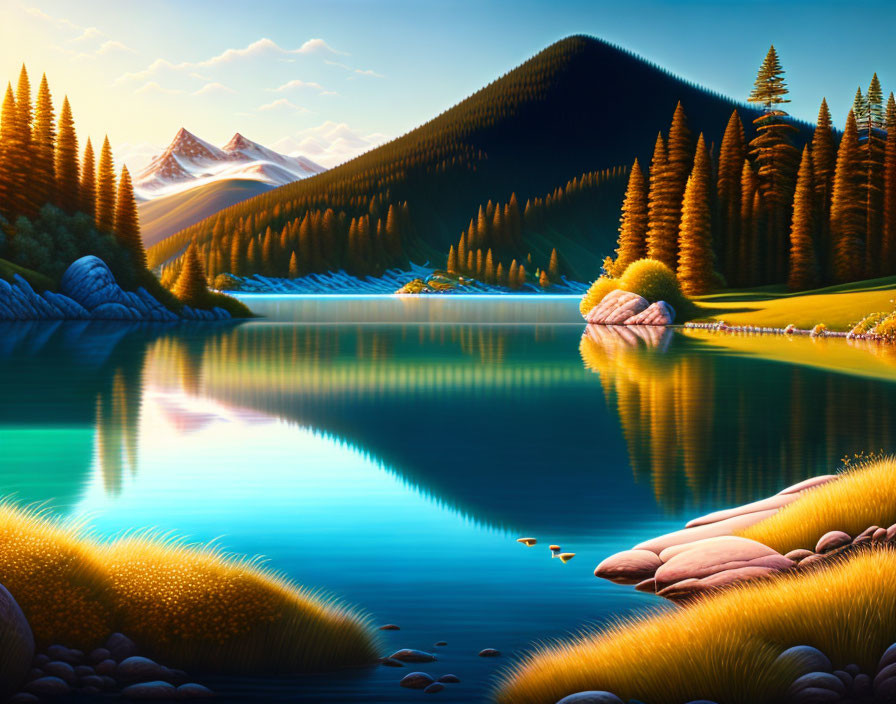 Vibrant mountain lake scene with pine trees and golden hour ambiance