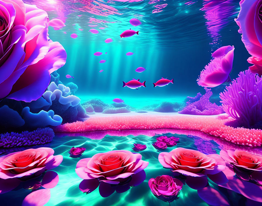 Colorful Underwater Scene with Roses, Fish, and Neon Coral