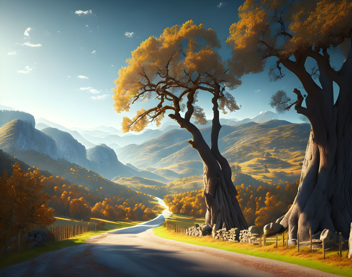 Majestic trees and winding road in picturesque landscape