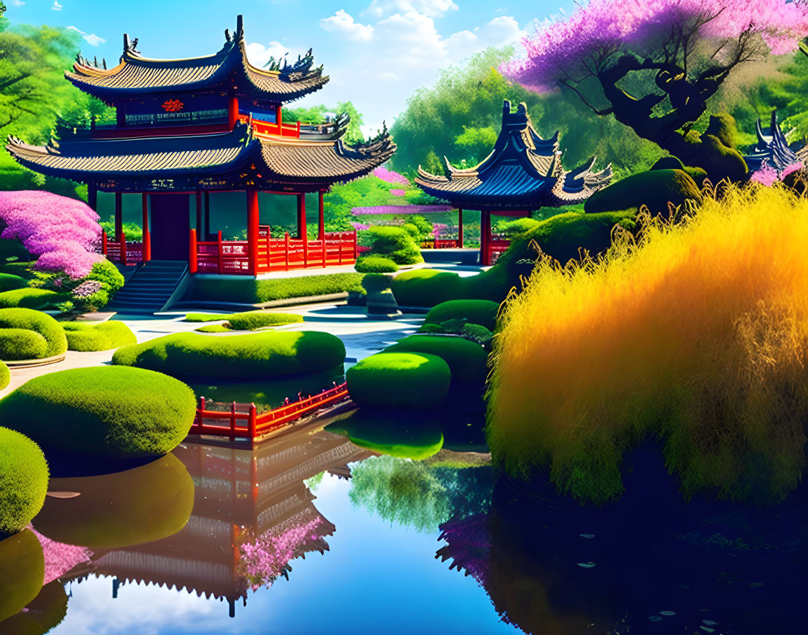 Vibrant Asian garden with traditional pavilions and reflecting pond