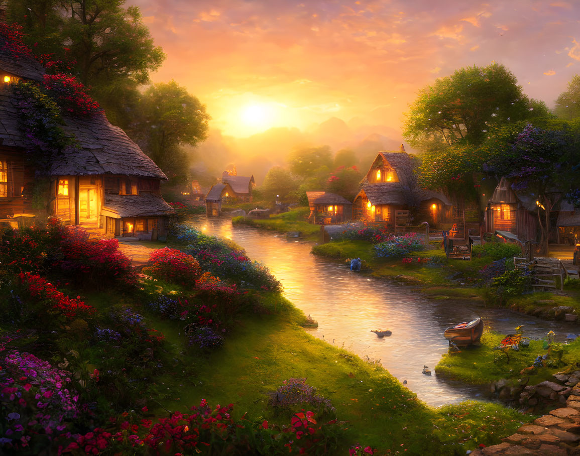 Scenic sunset village with thatched cottages, stream, ducks, and glowing lights