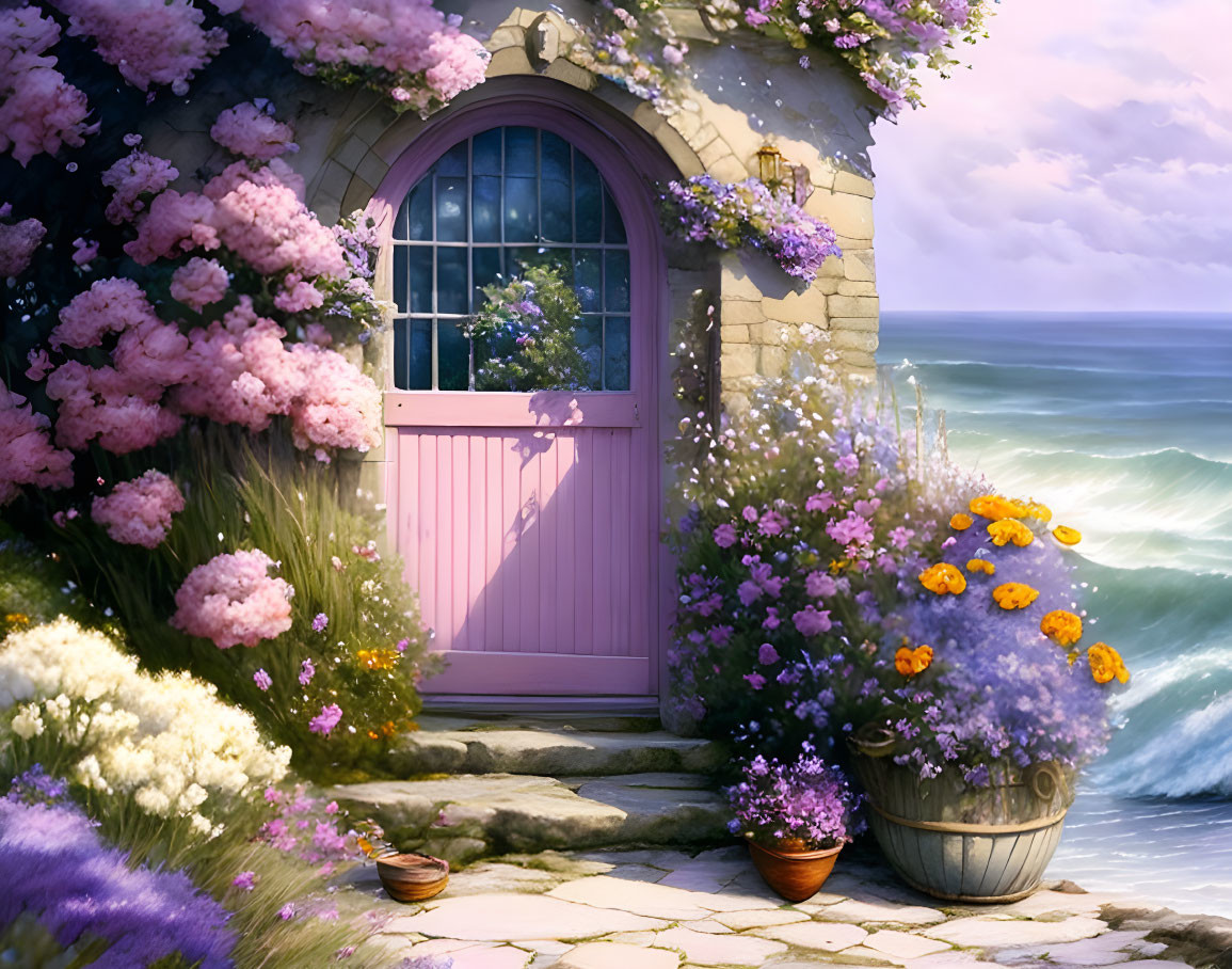 Pink door in stone wall with blooming flowers, ocean view.