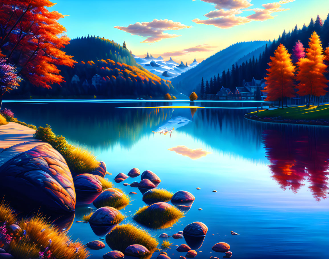 Colorful autumn landscape: trees, lake, mountains, blue sky