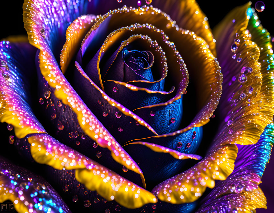 Blue and Gold Edged Rose with Water Droplets on Dark Background