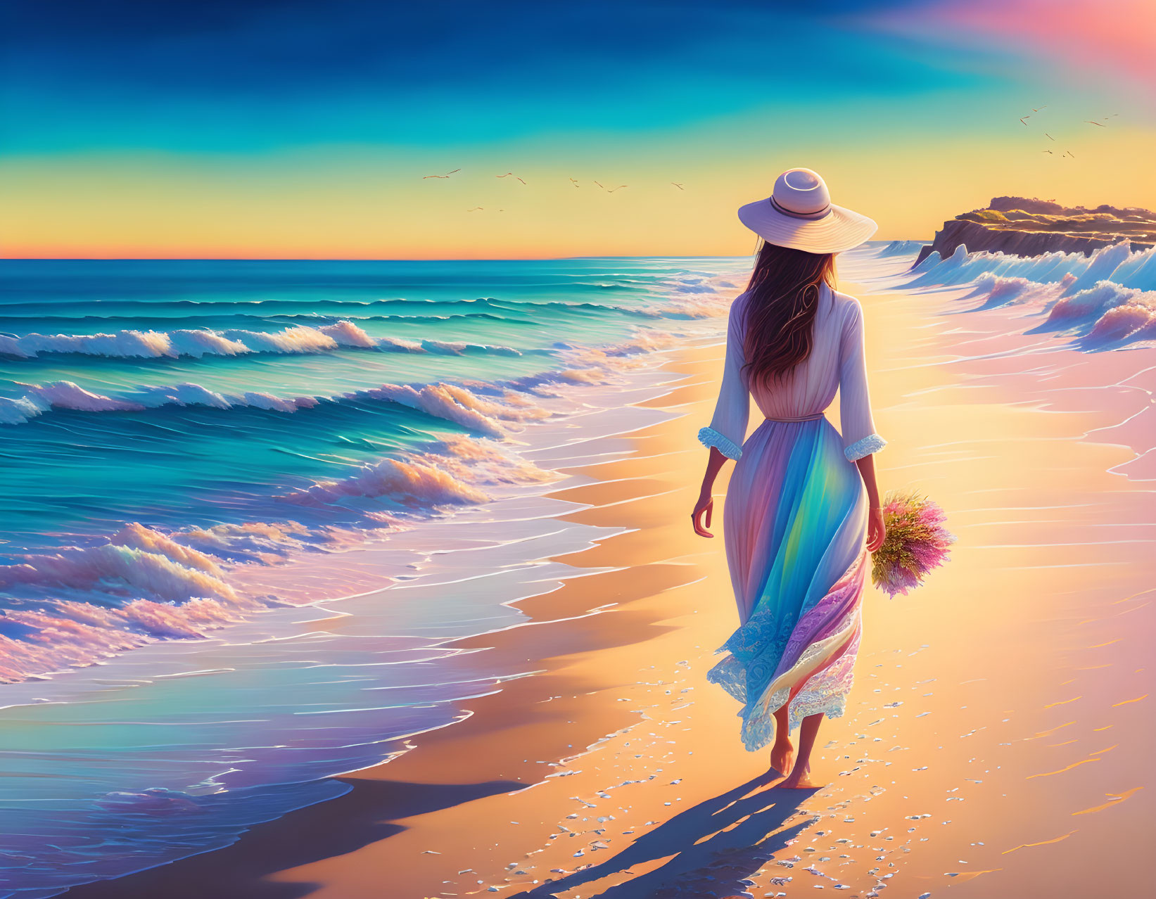 Woman in white dress and hat walking on vibrant beach at sunset with flowers, waves, and birds.