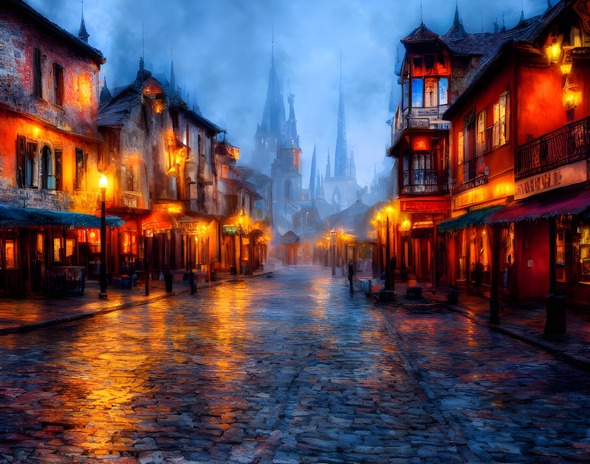 Historic cobblestone street at twilight with old-fashioned lamp posts and misty atmosphere