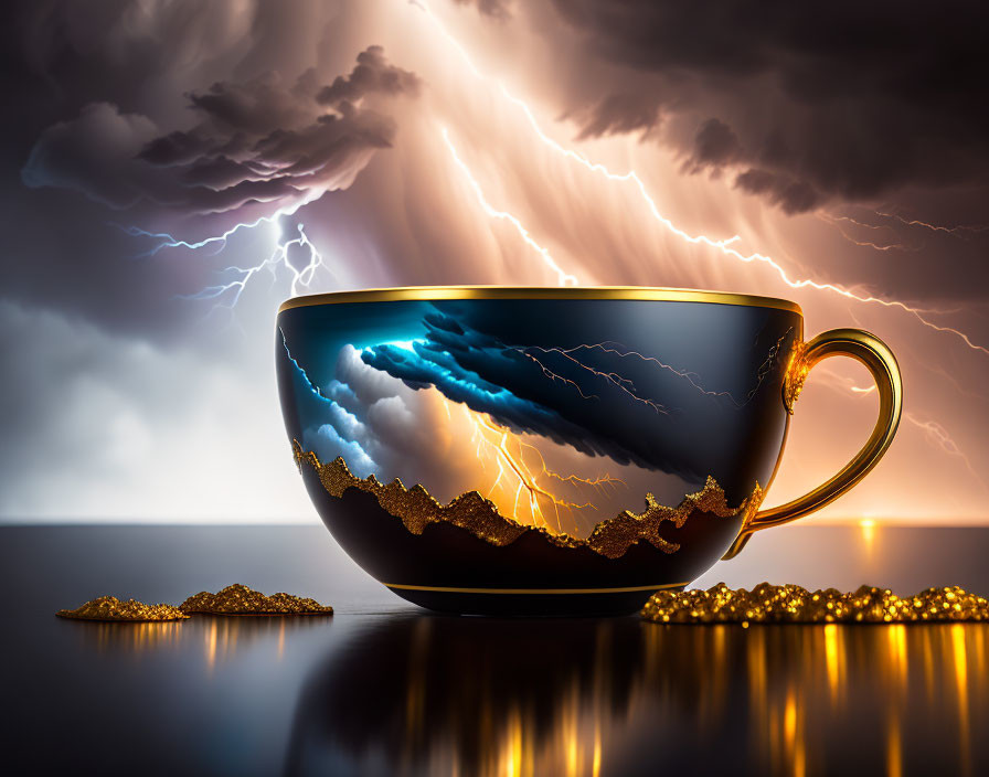 Surreal cup with stormy scene, lightning, dark sky, gold details