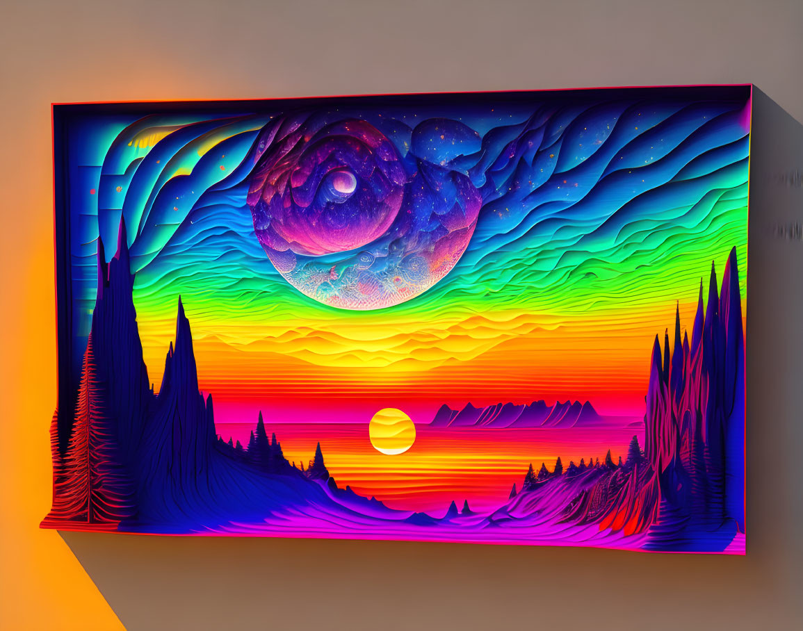 Colorful Psychedelic Landscape Art on Orange Wall