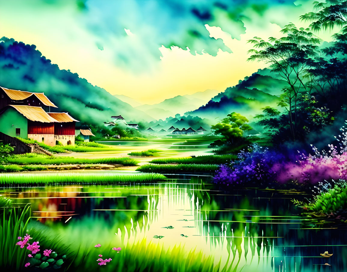 Colorful digital art: Tranquil village scene with lush greenery, river, and flowers